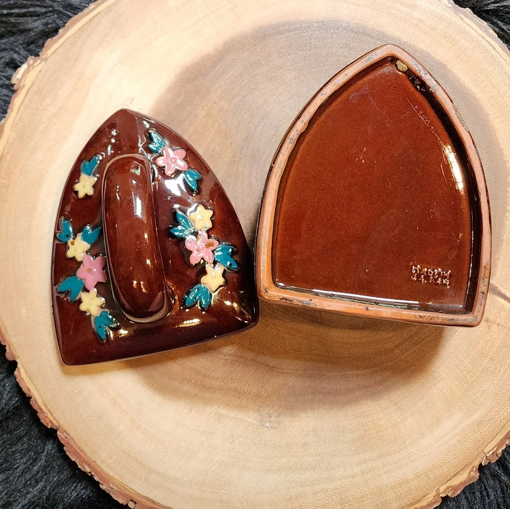 Vintage Iron Shaped Brown Ceramic Sugar Bowl Trinket Box With Lid Made In Japan